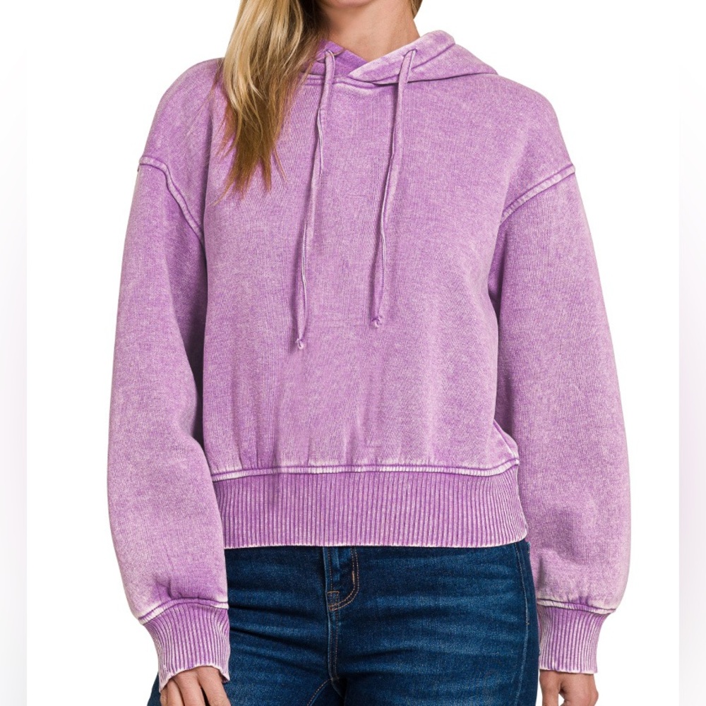 Acid Wash Fleece Cropped Hoodie in B Violet